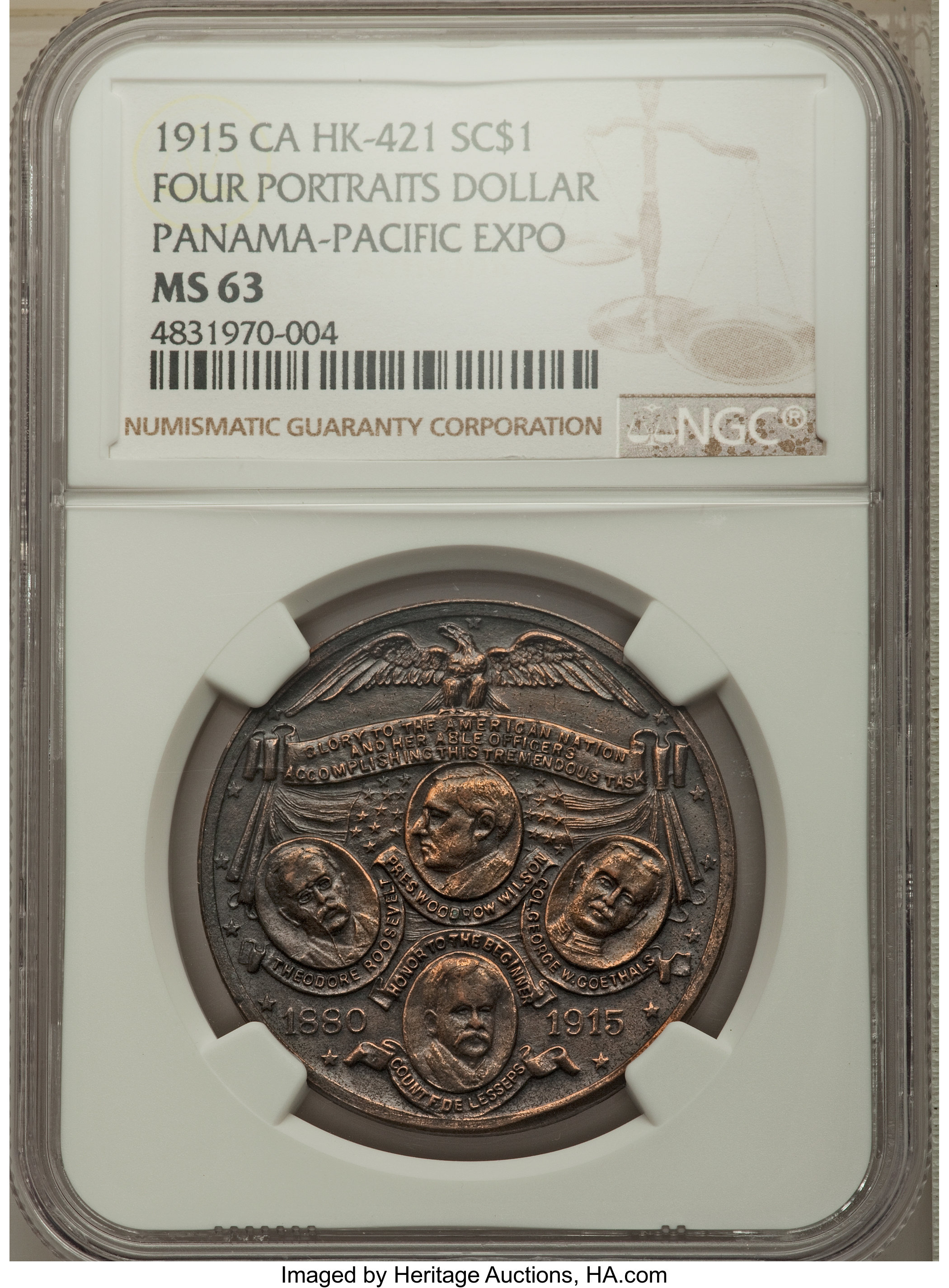 image for: 1915 Medal Panama-Pacific International Exposition, Four Portraits Dollar, Bronze, HK-421, R.6, MS63 Brown NGC. NGC Census:...