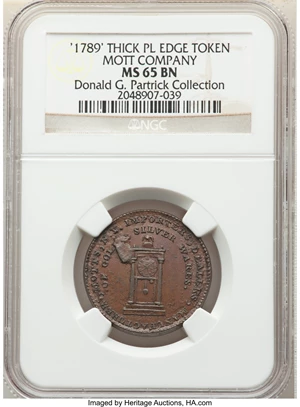 image for: 1789 Mott Token, Thick Planchet, Plain Edge MS65 Brown NGC. Breen-1020, Rulau-E-NY-610. Ex: Donald G. Partrick Collectio...