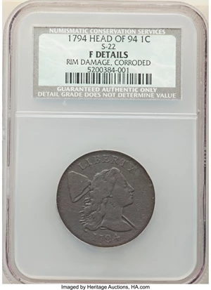 image for: 1794 1C Head of 1794, S-22, B-6, R.1, -- Corroded, Rim Damaged -- NCS. Fine Details....