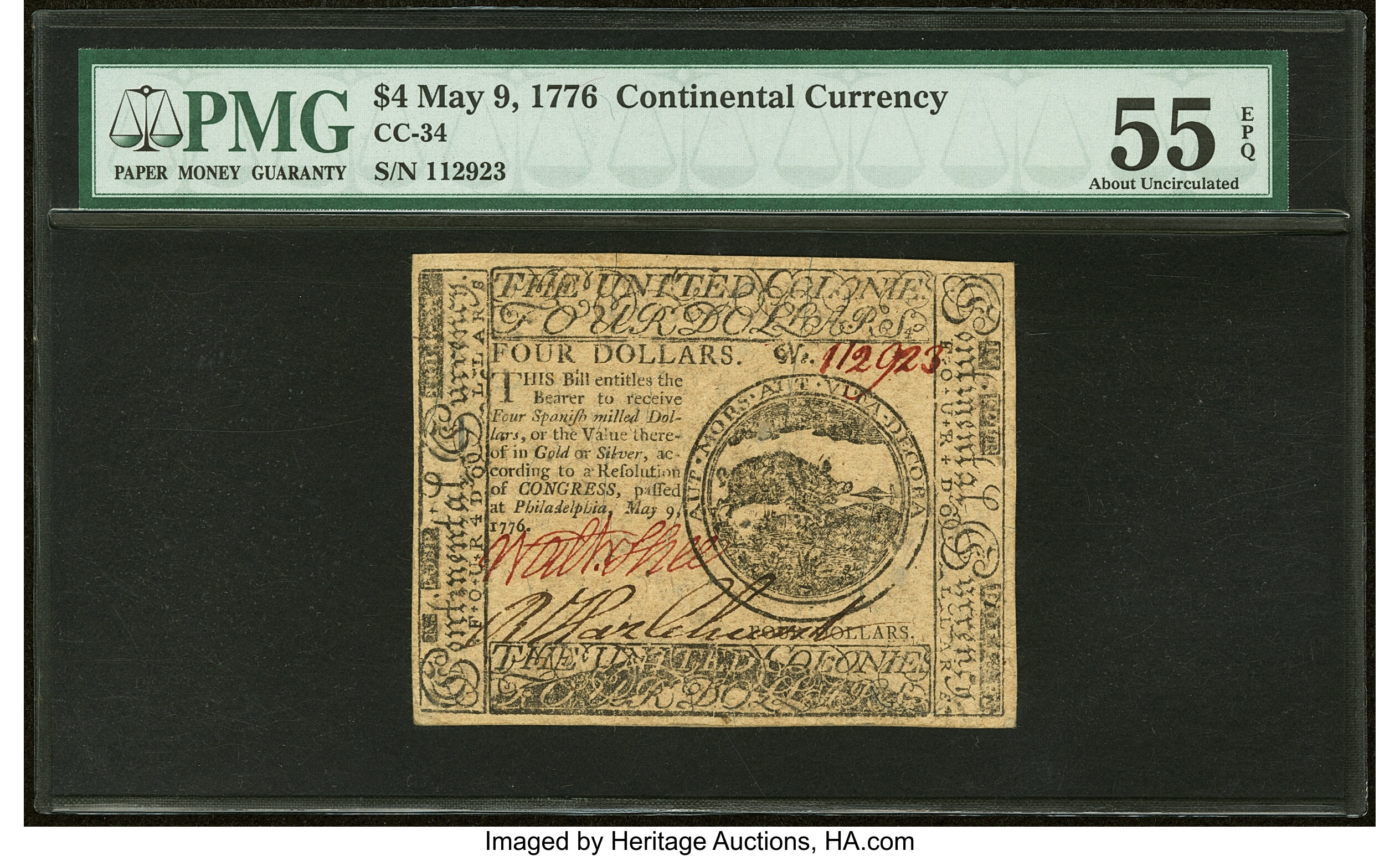 image for: Continental Currency May 9, 1776 $4 PMG About Uncirculated 55 EPQ....