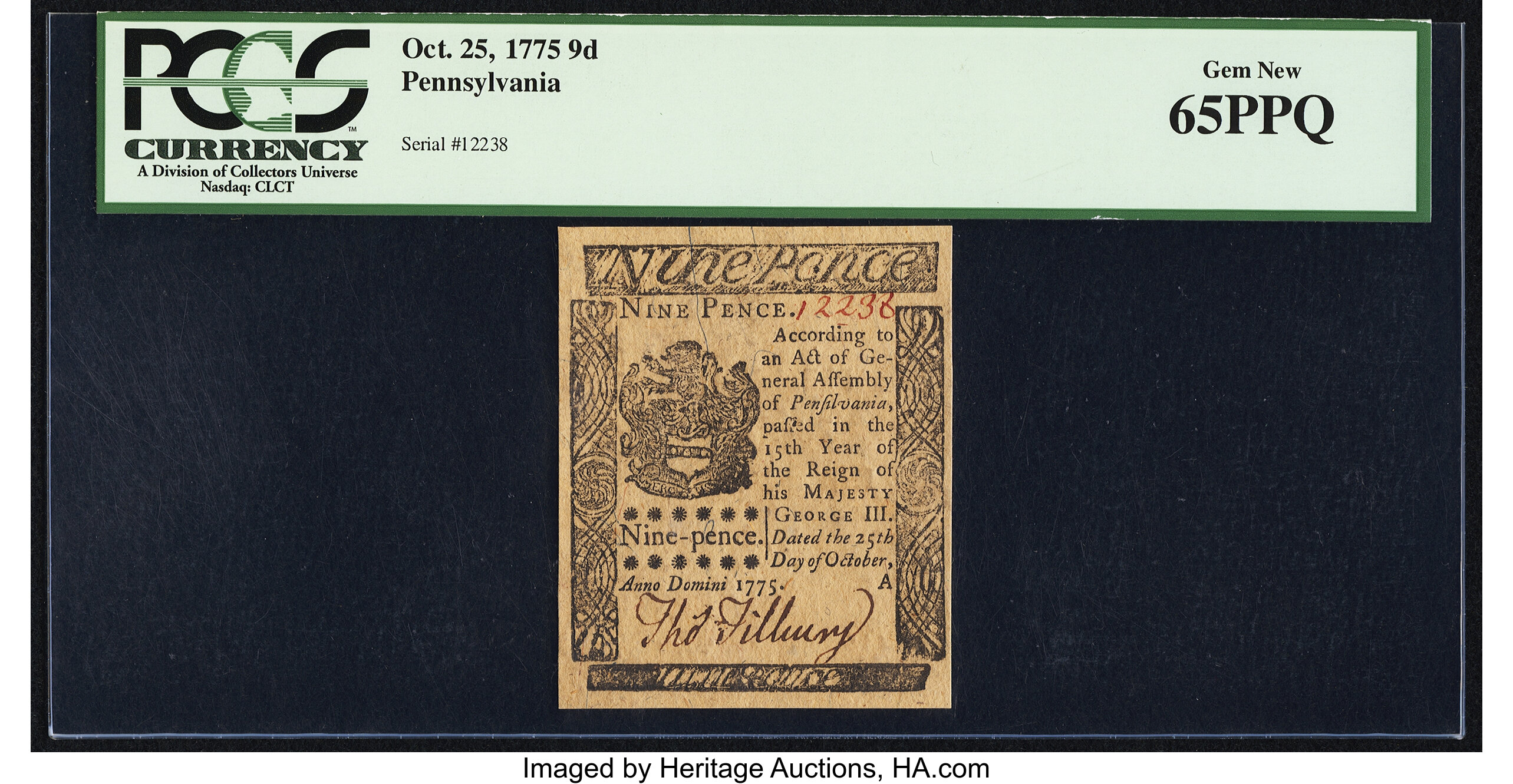 image for: Pennsylvania October 25, 1775 9d PCGS Gem New 65PPQ....