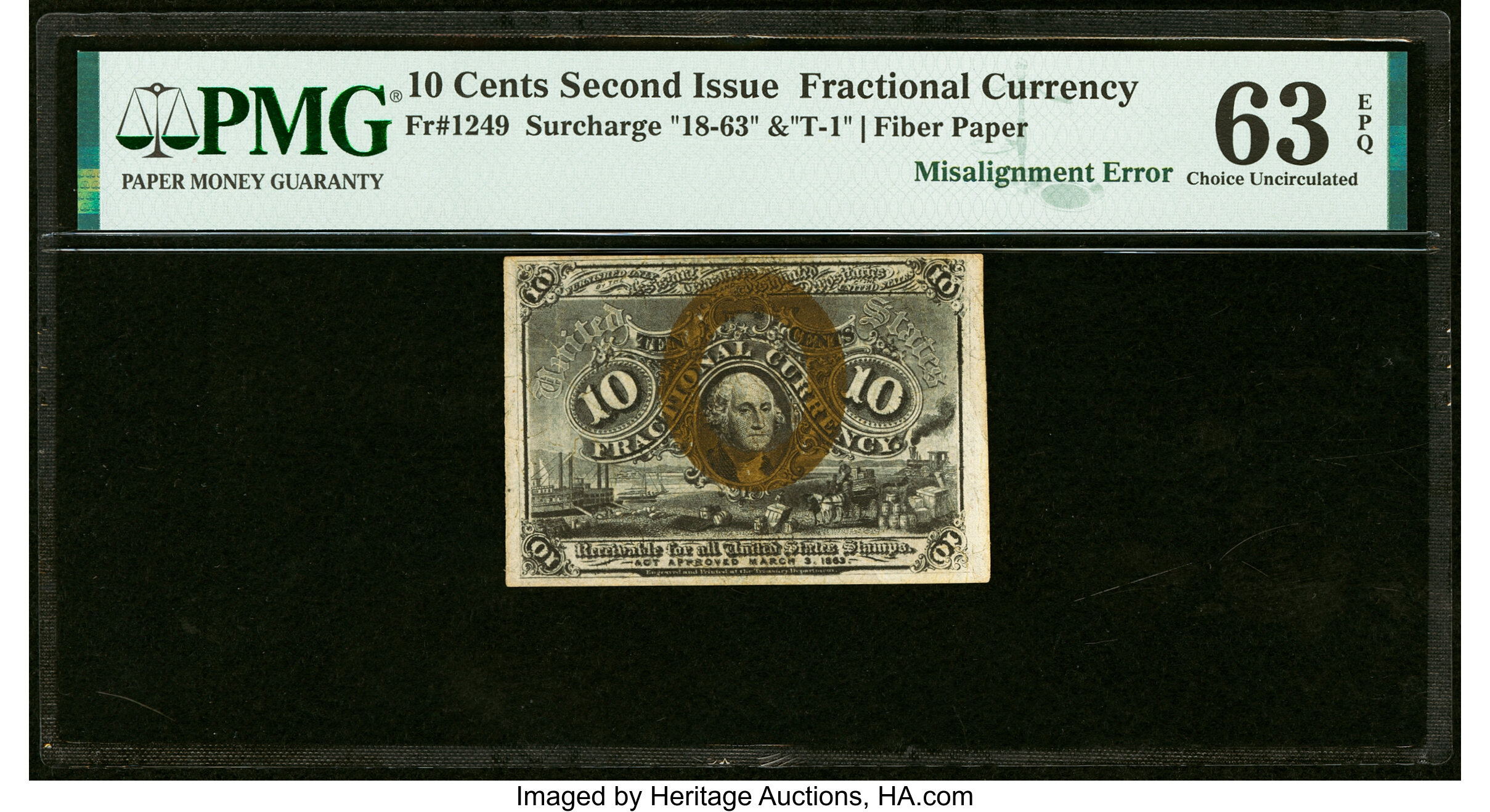 image for: Misaligned Back Printing Error Fr. 1249 10¢ Second Issue PMG Choice Uncirculated 63 EPQ....
