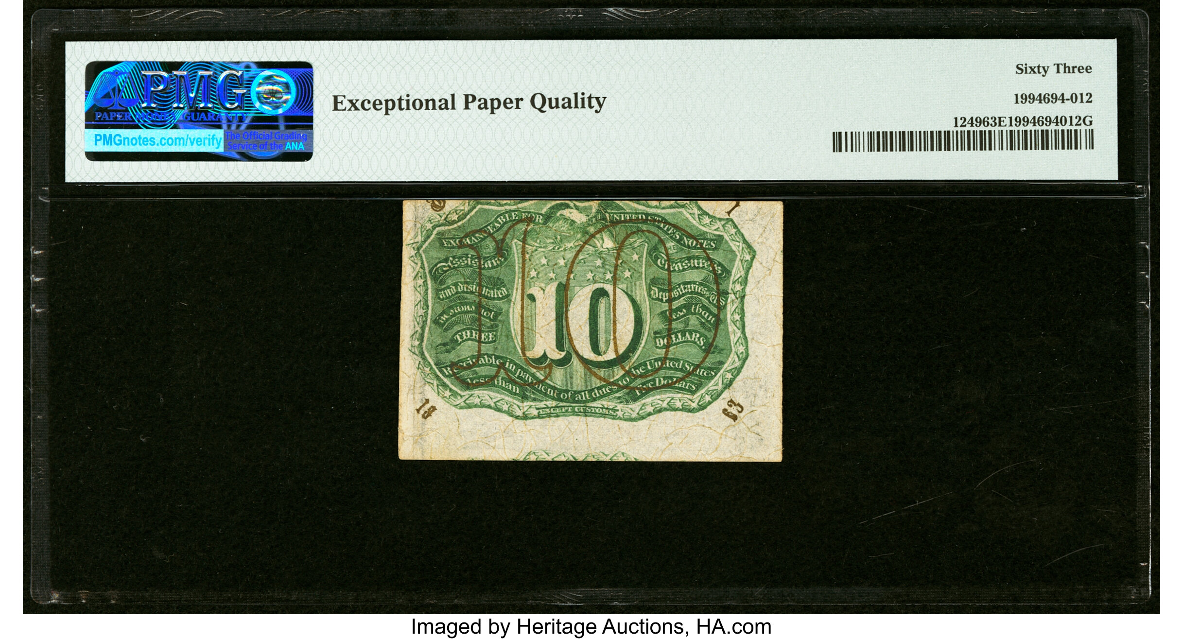 image for: Misaligned Back Printing Error Fr. 1249 10¢ Second Issue PMG Choice Uncirculated 63 EPQ....