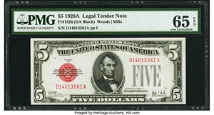image for: Fr. 1526 $5 1928A Legal Tender Note. PMG Gem Uncirculated 65 EPQ....