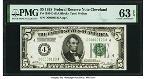 image for: Low Serial Number 123 Fr. 1950-D $5 1928 Federal Reserve Note. PMG Choice Uncirculated 63 EPQ....