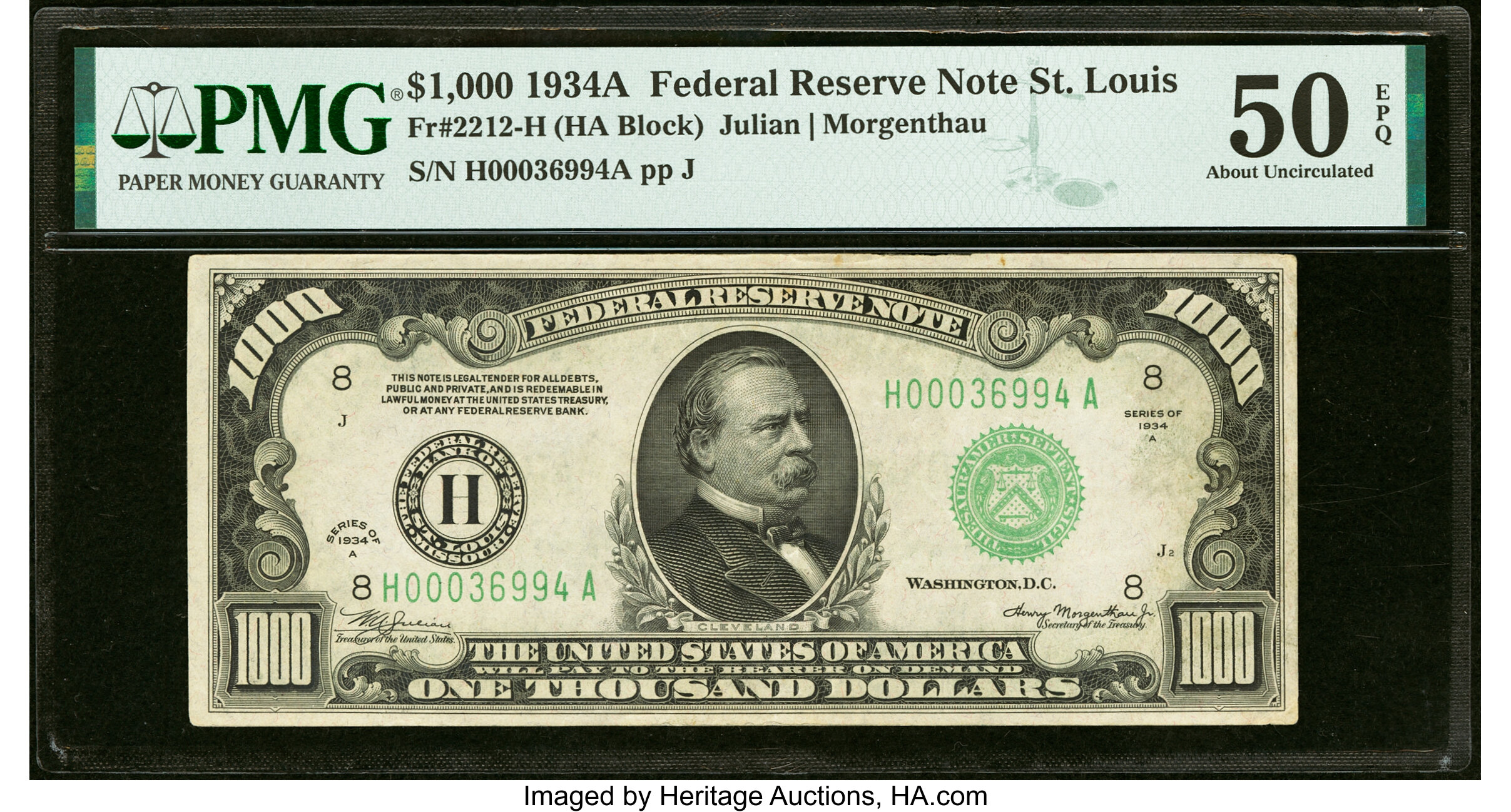 image for: Fr. 2212-H $1,000 1934A Federal Reserve Note. PMG About Uncirculated 50 EPQ....