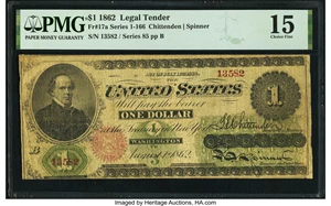 image for: Fr. 17a $1 1862 Legal Tender PMG Choice Fine 15....