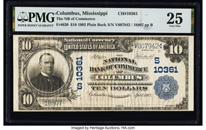 image for: Columbus, MS - $10 1902 Plain Back Fr. 630 The National Bank of Commerce Ch. # (S)10361 PMG Very Fine 25....