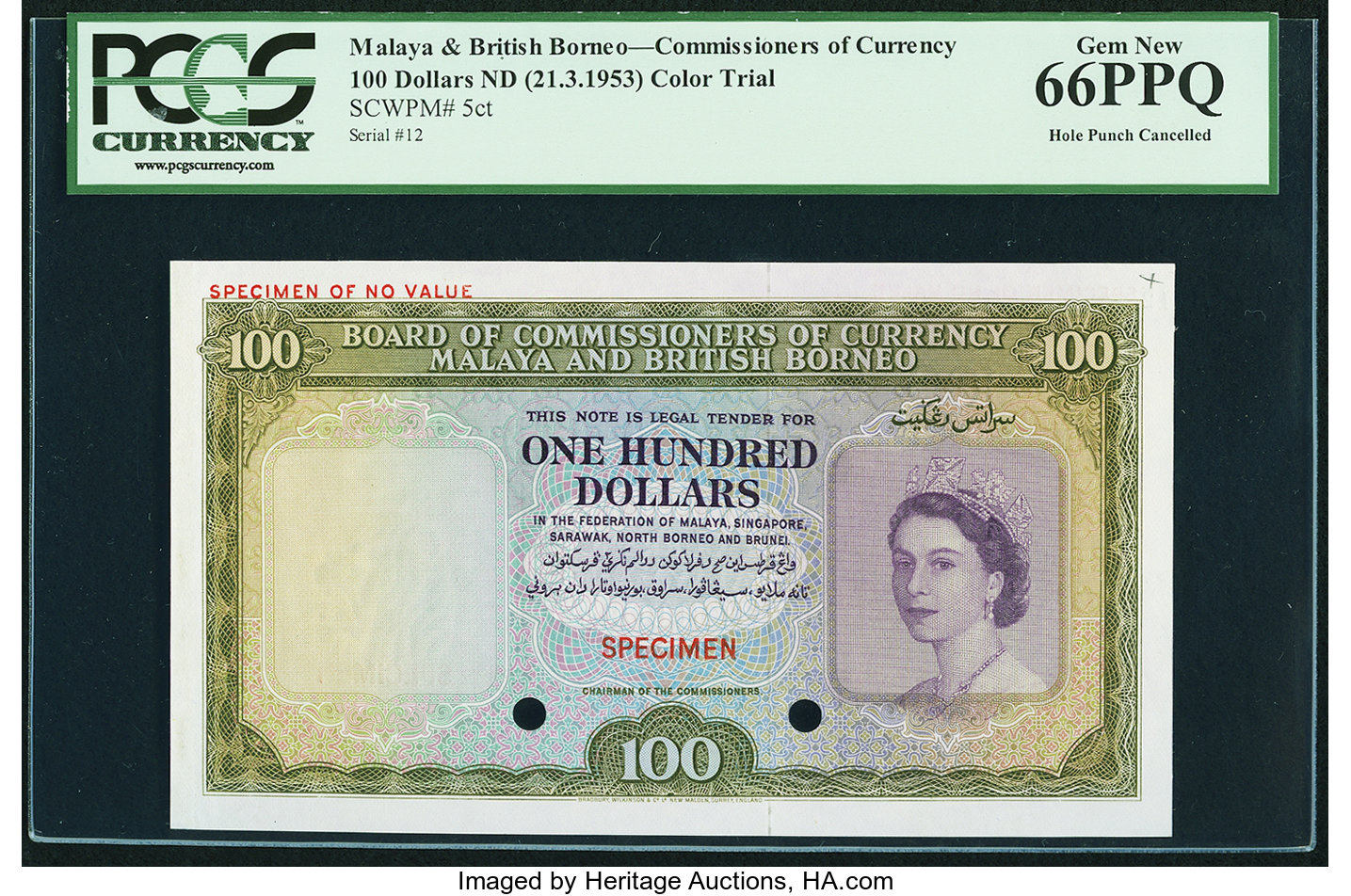 World Banknote Grading MALAYA & BRITISH BORNEO《British Administration》100 Dollars【1953】『PMG Grading Very Fine 30』