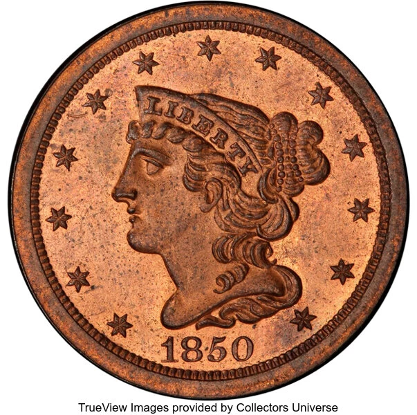 1851 Braided Hair Half Cent. C-1, the only known dies. Rarity-1. AU-55  (PCGS).