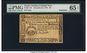 image for: South Carolina December 23, 1776 $3 Remainder PMG Gem Uncirculated 65 EPQ....