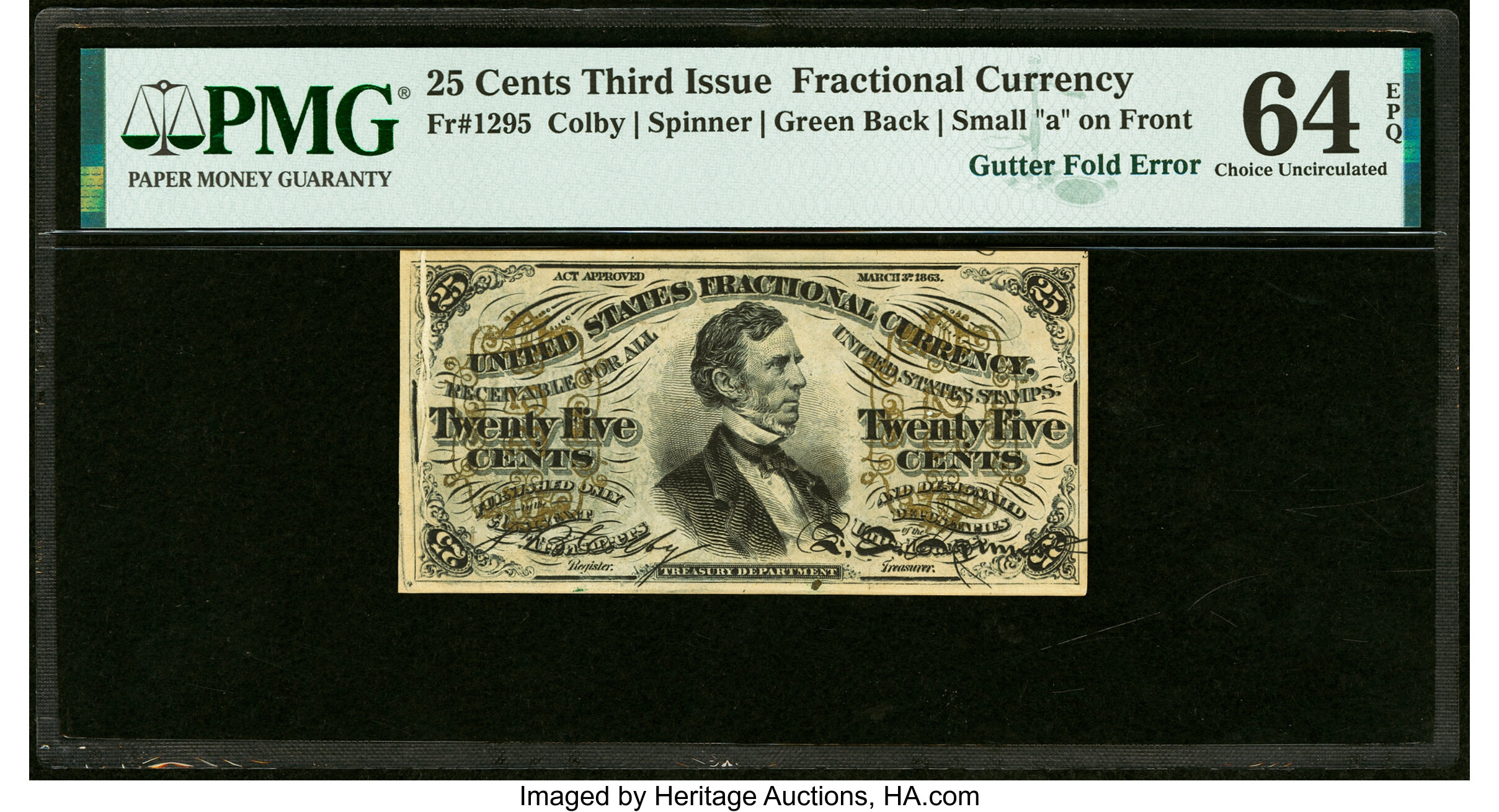 image for: Gutter Fold Error Fr. 1295 25¢ Third Issue PMG Choice Uncirculated 64 EPQ....