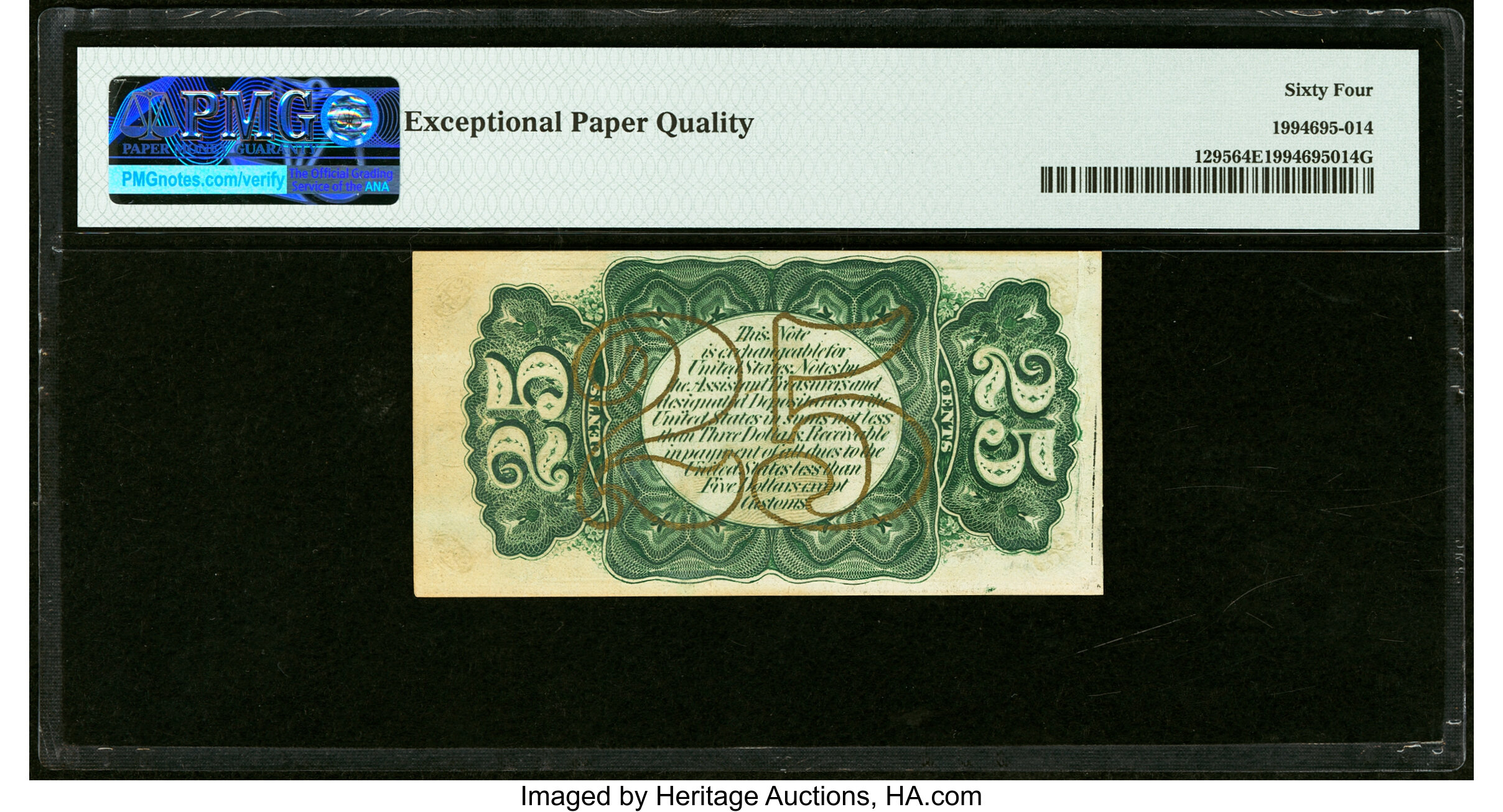 image for: Gutter Fold Error Fr. 1295 25¢ Third Issue PMG Choice Uncirculated 64 EPQ....
