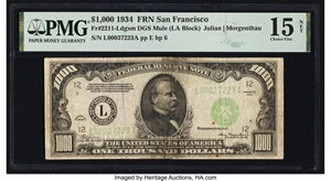 image for: Fr. 2211-L $1,000 1934 Mule Federal Reserve Note. PMG Choice Fine 15 Net....