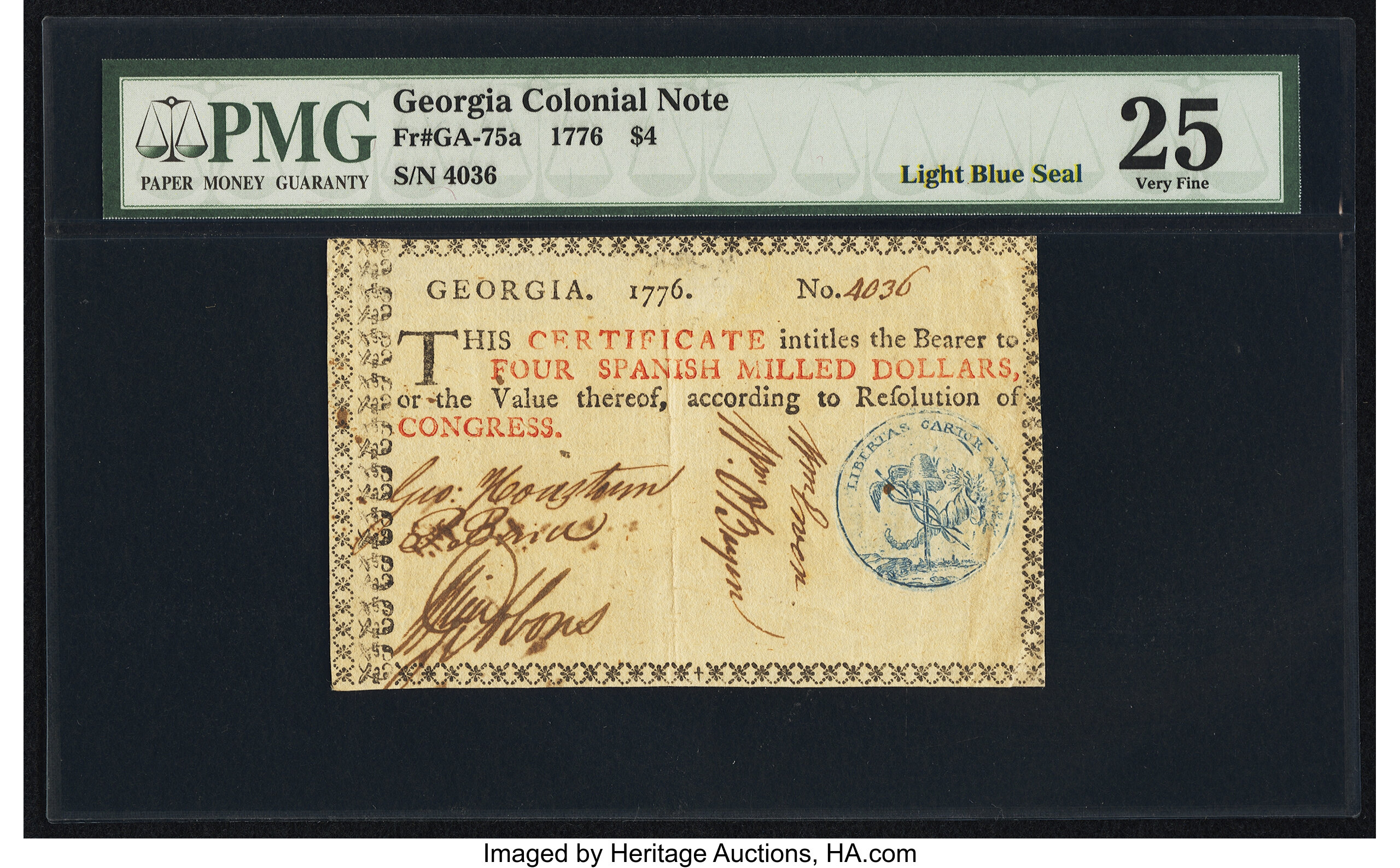 image for: Georgia 1776 $4 Light Blue Seal PMG Very Fine 25....