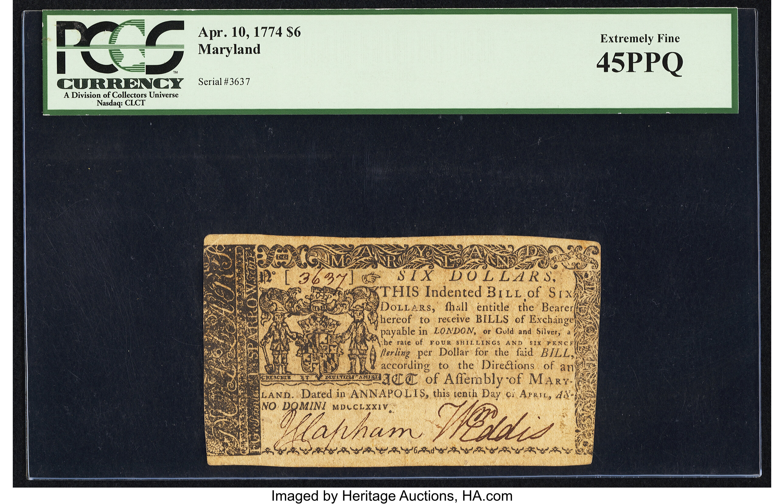 image for: Maryland April 10, 1774 $6 PCGS Extremely Fine 45PPQ....