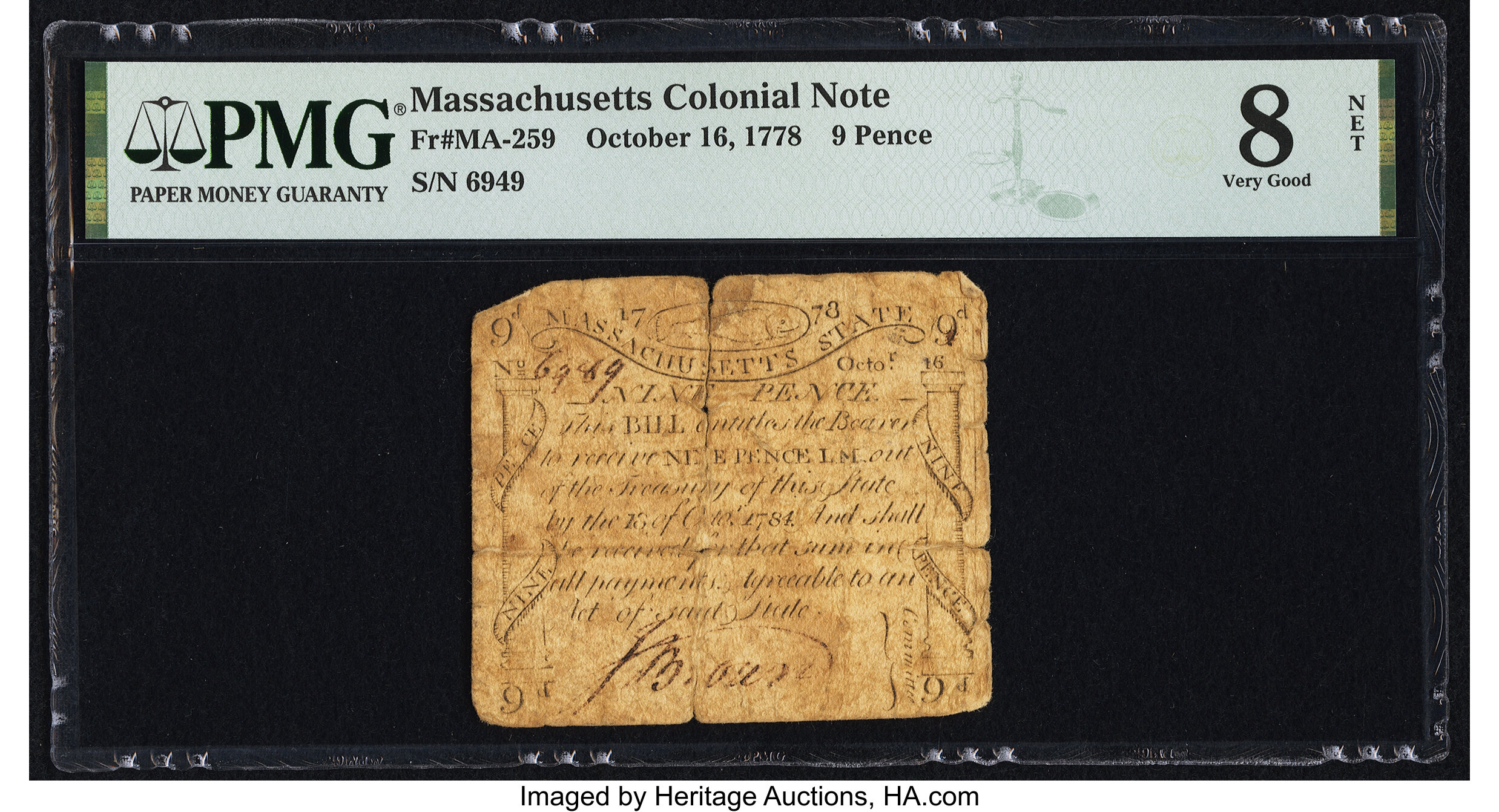 image for: Massachusetts October 16, 1778 9d PMG Very Good 8 Net....