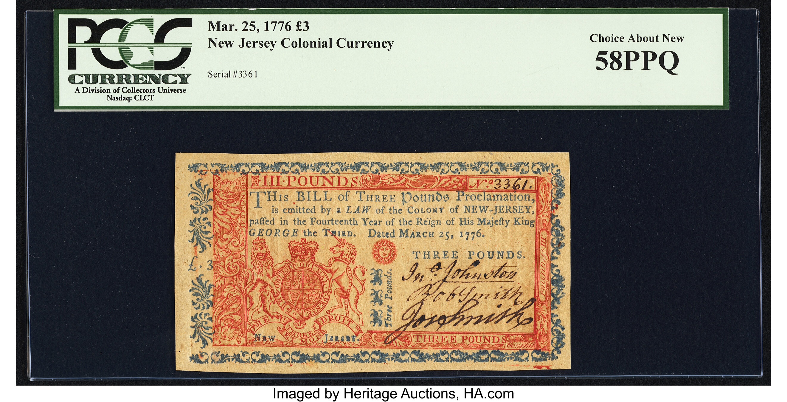 image for: New Jersey March 25, 1776 £3 PCGS Choice About New 58PPQ....