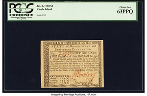 image for: Rhode Island July 2, 1780 $8 PCGS Choice New 63PPQ....