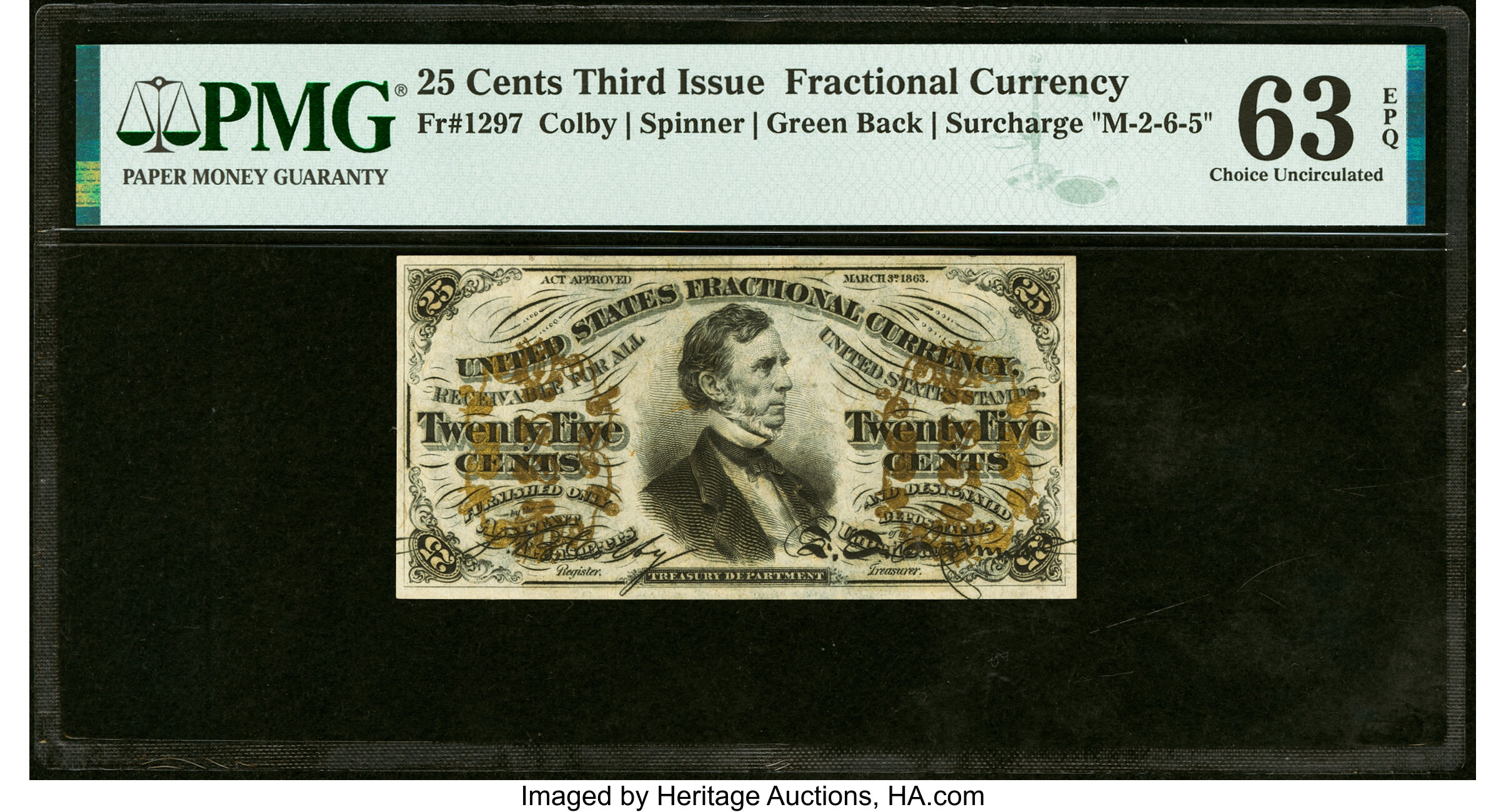 image for: Misaligned Back Printing Error Fr. 1297 25¢ Third Issue PMG Choice Uncirculated 63 EPQ....