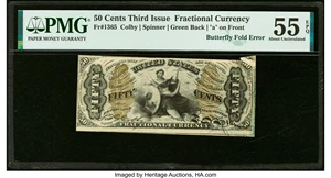image for: Butterfly Fold Error Fr. 1365 50¢ Third Issue Justice PMG About Uncirculated 55 EPQ....