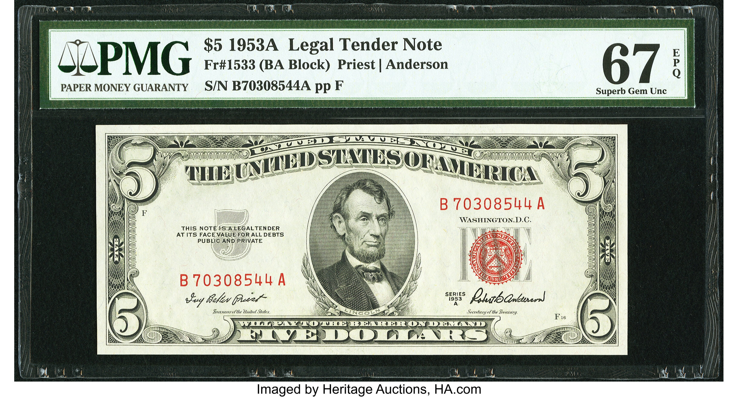 image for: Fr. 1533 $5 1953A Legal Tender Note. PMG Superb Gem Unc 67 EPQ....