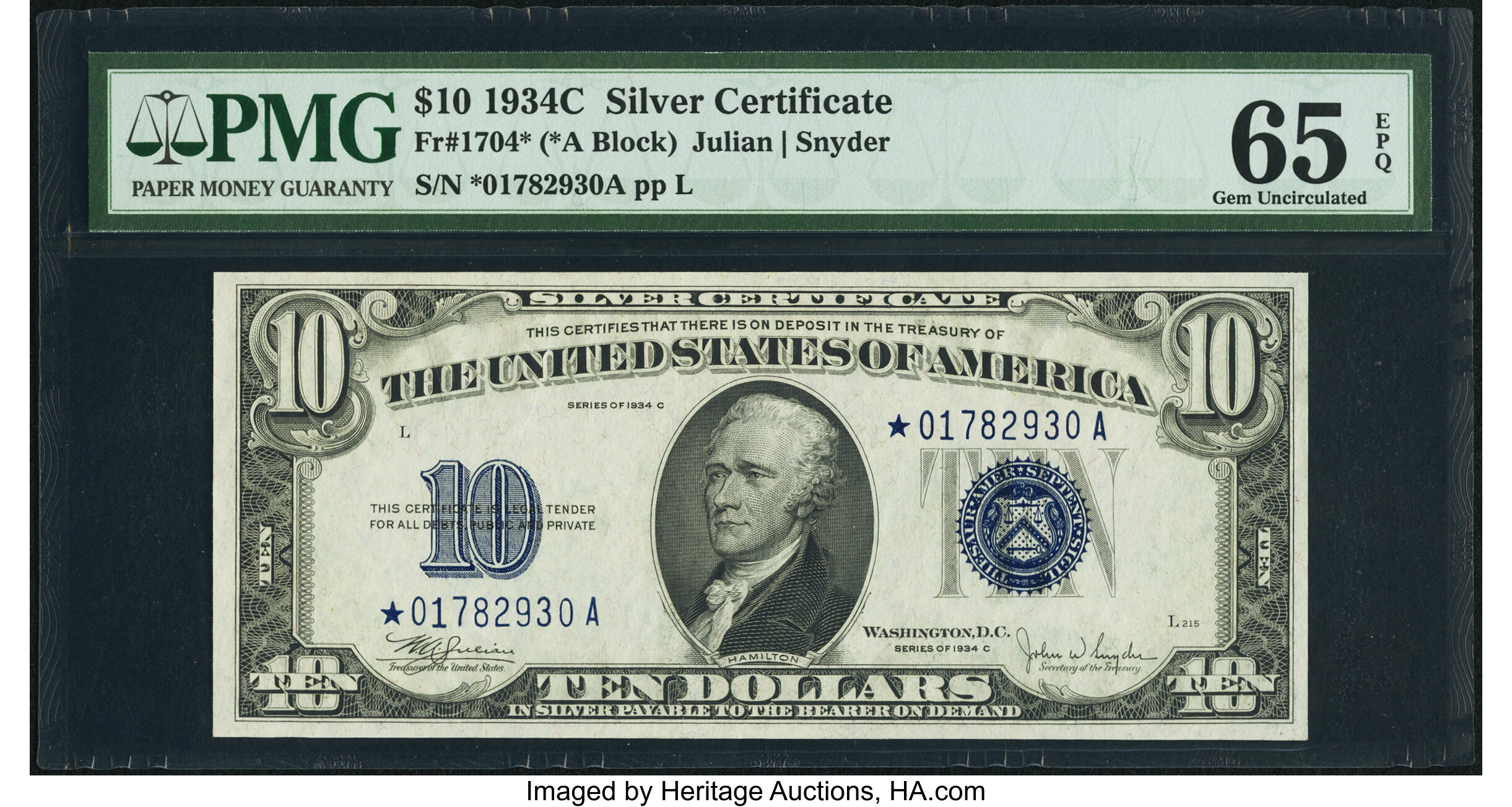 image for: Fr. 1704* $10 1934C Silver Certificate Star. PMG Gem Uncirculated 65 EPQ....