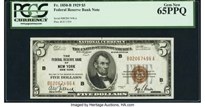 image for: Fr. 1850-B $5 1929 Federal Reserve Bank Note. PCGS Gem New 65PPQ....