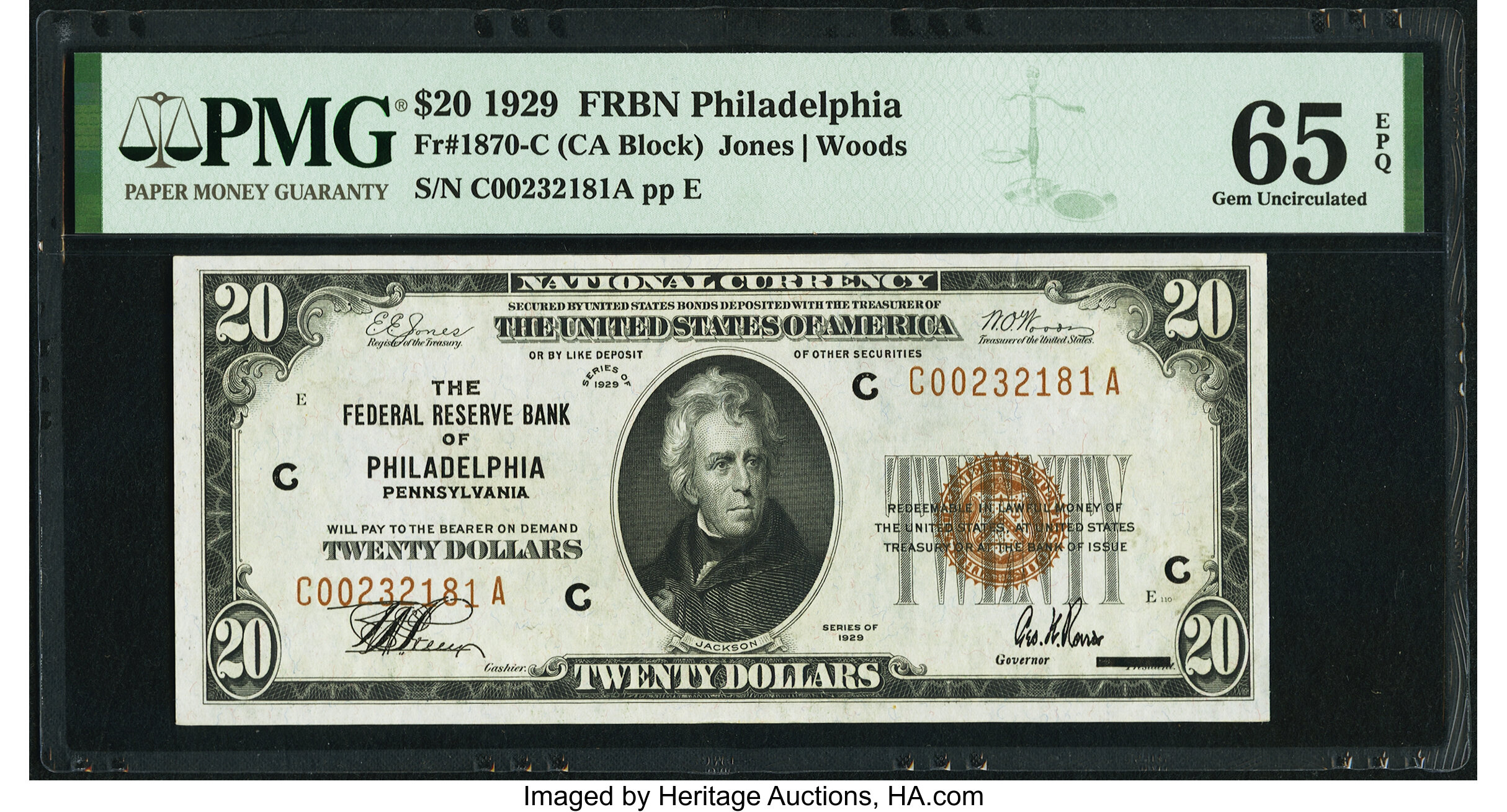 image for: Fr. 1870-C $20 1929 Federal Reserve Bank Note. PMG Gem Uncirculated 65 EPQ....