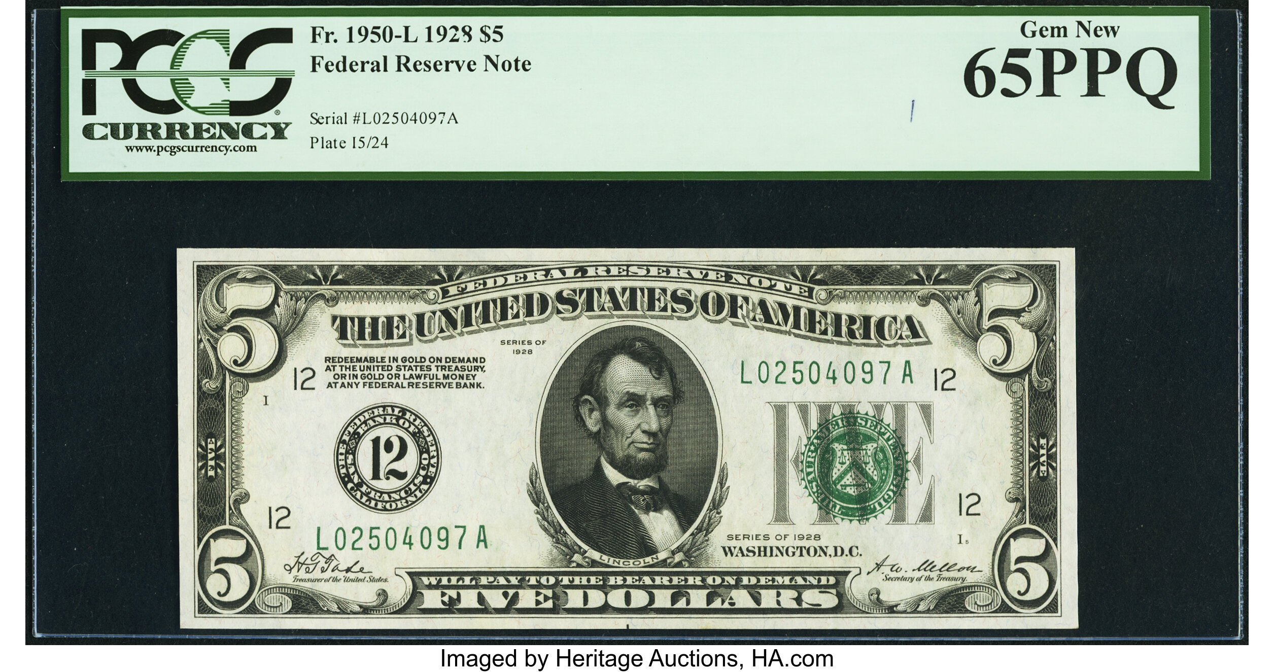 image for: Fr. 1950-L $5 1928 Federal Reserve Note. PCGS Gem New 65PPQ....