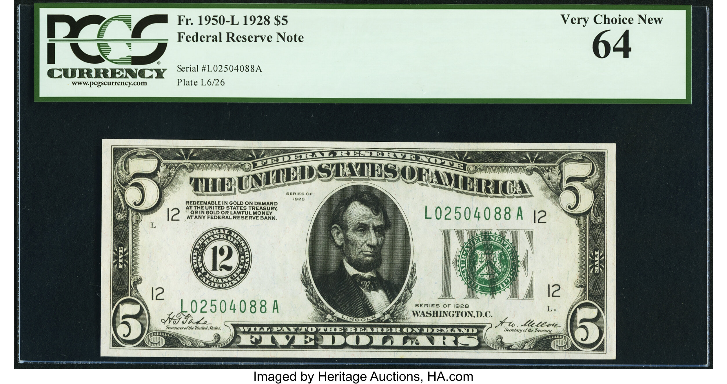 image for: Fr. 1950-L $5 1928 Federal Reserve Note. PCGS Very Choice New 64....
