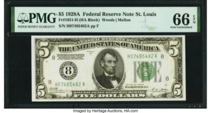 image for: Fr. 1951-H $5 1928A Federal Reserve Note. PMG Gem Uncirculated 66 EPQ....