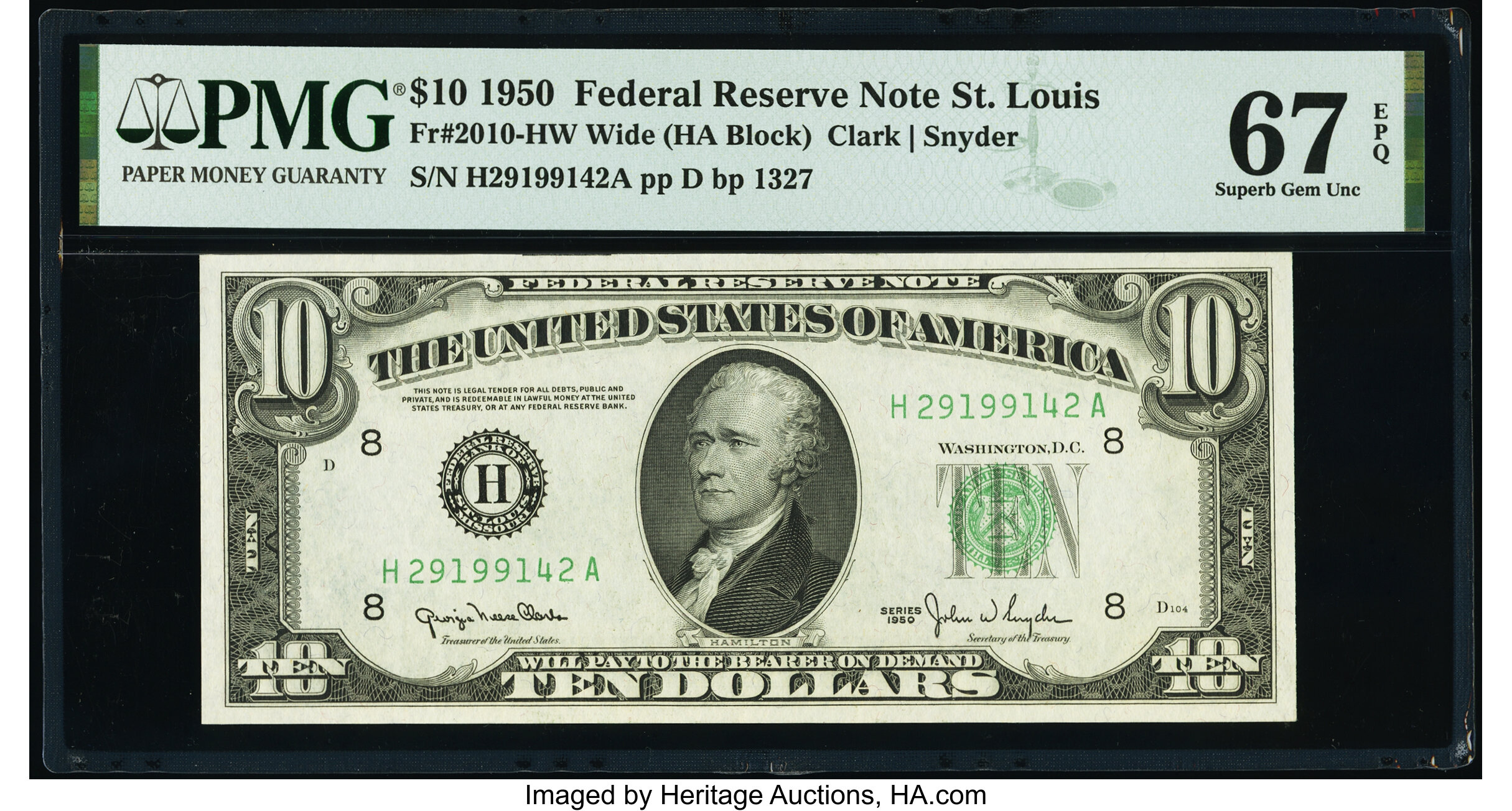 image for: Fr. 2010-H $10 1950 Wide Federal Reserve Note. PMG Superb Gem Unc 67 EPQ....
