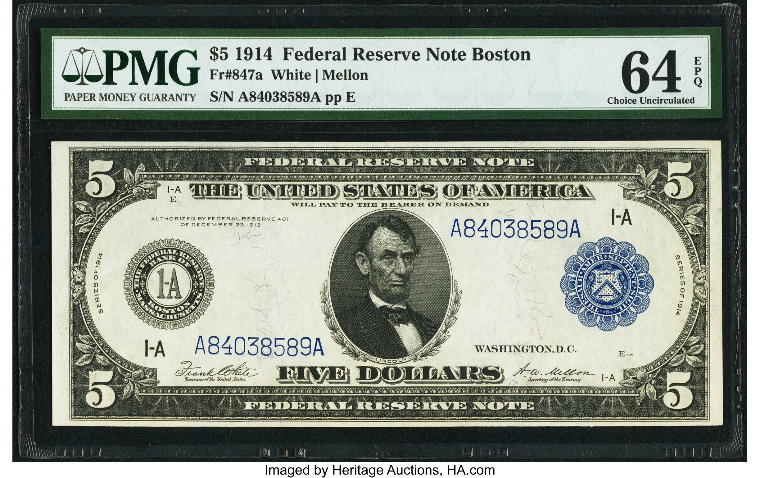 image for: Fr. 847a $5 1914 Federal Reserve Note PMG Choice Uncirculated 64 EPQ....