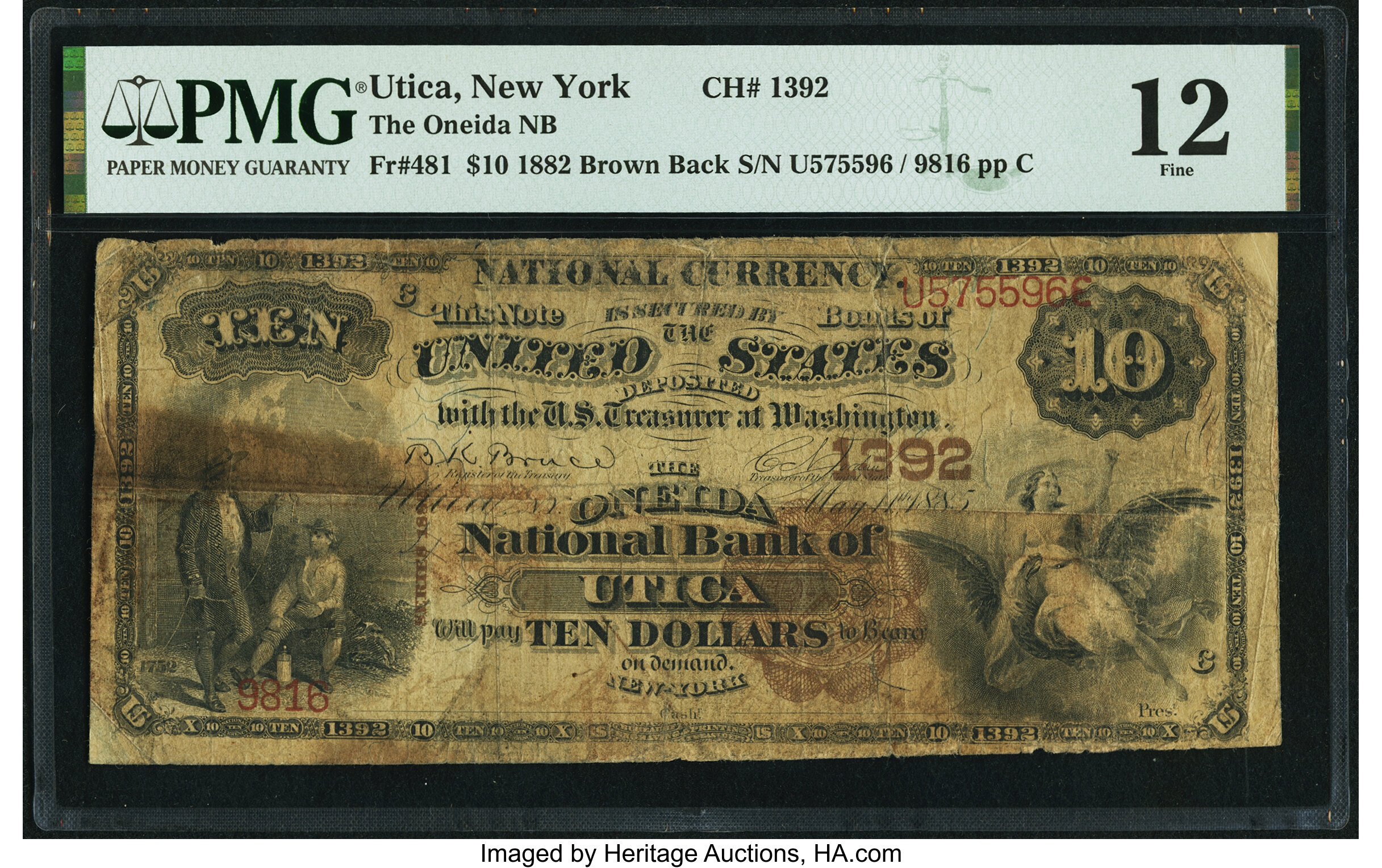 image for: Utica, NY - $10 1882 Brown Back Fr. 481 The Oneida National Bank Ch. # 1392 PMG Fine 12....