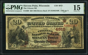 image for: Stevens Point, WI - $20 1882 Brown Back Fr. 499 The Citizens National Bank Ch. # (M)4912 PMG Choice Fine 15....