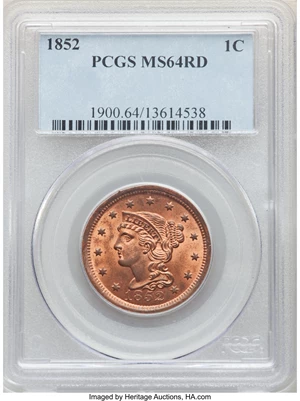image for: 1852 1C MS64 Red PCGS. PCGS Population: (23/17). NGC Census: (8/6). CDN: $1,400 Whsle. Bid for NGC/PCGS MS64. Mintage 5,063...