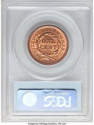 image for: 1852 1C MS64 Red PCGS. PCGS Population: (23/17). NGC Census: (8/6). CDN: $1,400 Whsle. Bid for NGC/PCGS MS64. Mintage 5,063...