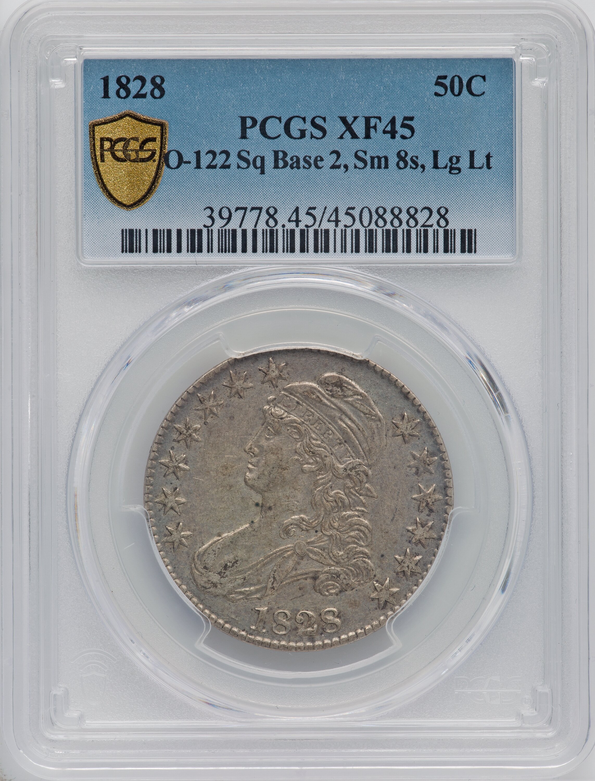 image for: 1828 50C Square Base 2, Small 8s, Large Letters, O-122, R.3, XF45 PCGS. PCGS Population: (4/6). NGC Census: (5/10). CDN: $2...