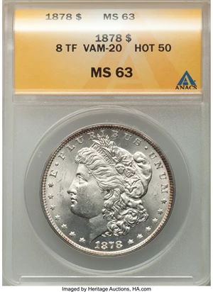 image for: 1878 8TF $1 Doubled Date, VAM-20, Hot-50, MS63 ANACS. Mintage 699,300....