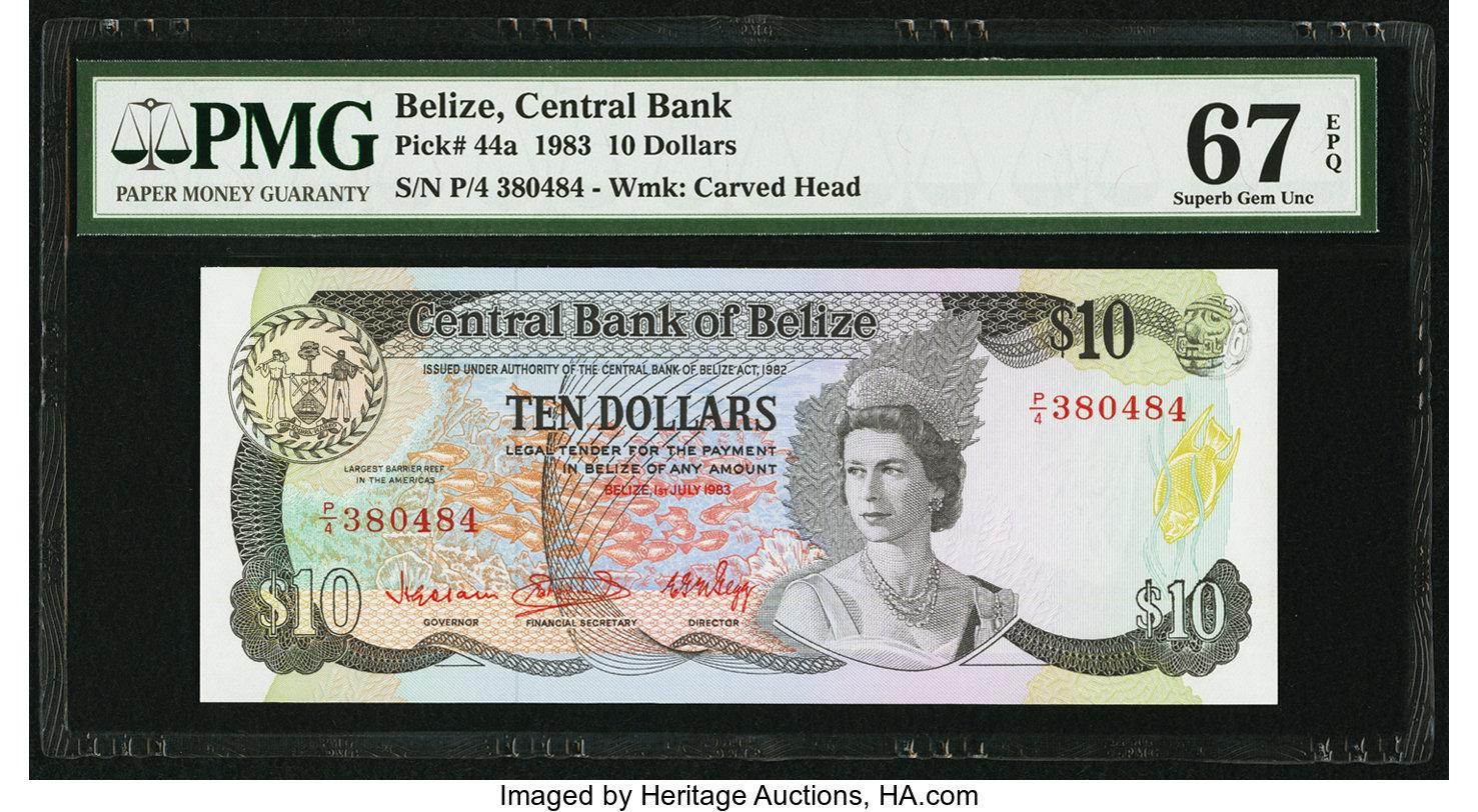 Pennyral Bank of Belize 10 dollars B302as2,P44 Diagonal red