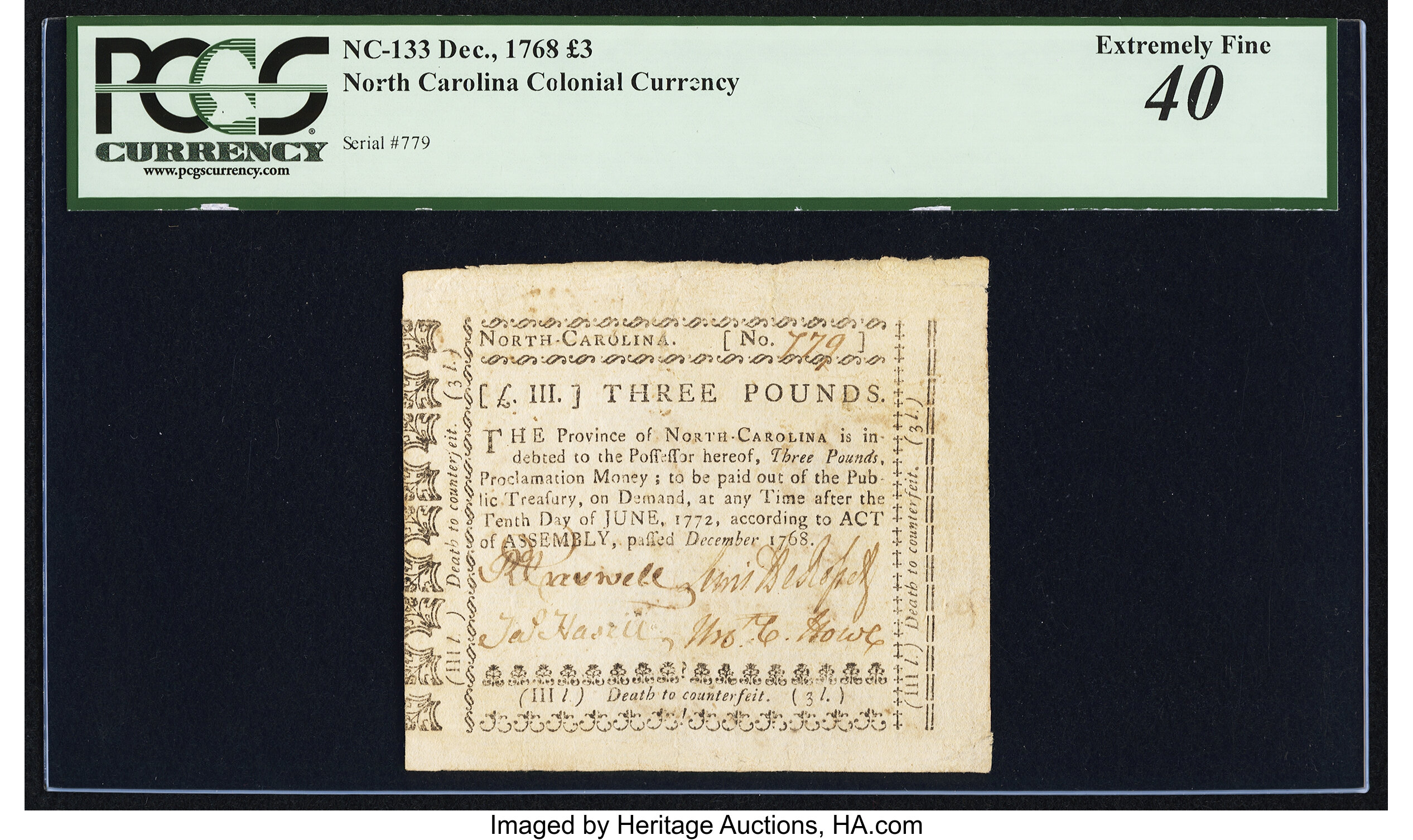 image for: North Carolina December, 1768 £3 PCGS Extremely Fine 40....