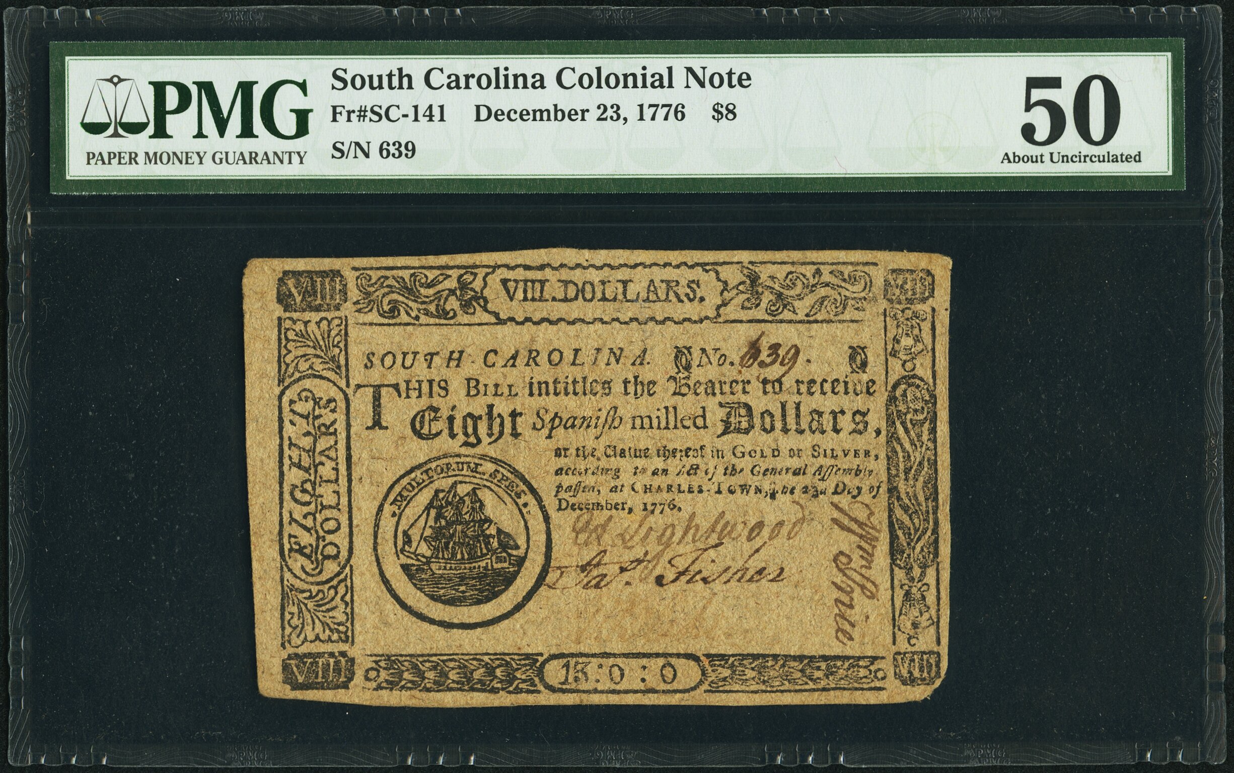 image for: South Carolina December 23, 1776 $8 PMG About Uncirculated 50....