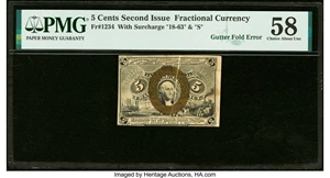image for: Gutter Fold Error Fr. 1234 5¢ Second Issue PMG Choice About Unc 58....