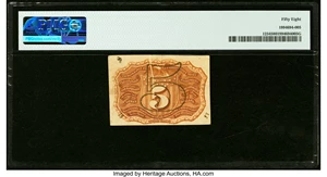 image for: Gutter Fold Error Fr. 1234 5¢ Second Issue PMG Choice About Unc 58....