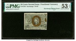 image for: Surcharge Inking Error Fr. 1245 10¢ Second Issue PMG About Uncirculated 53 EPQ....