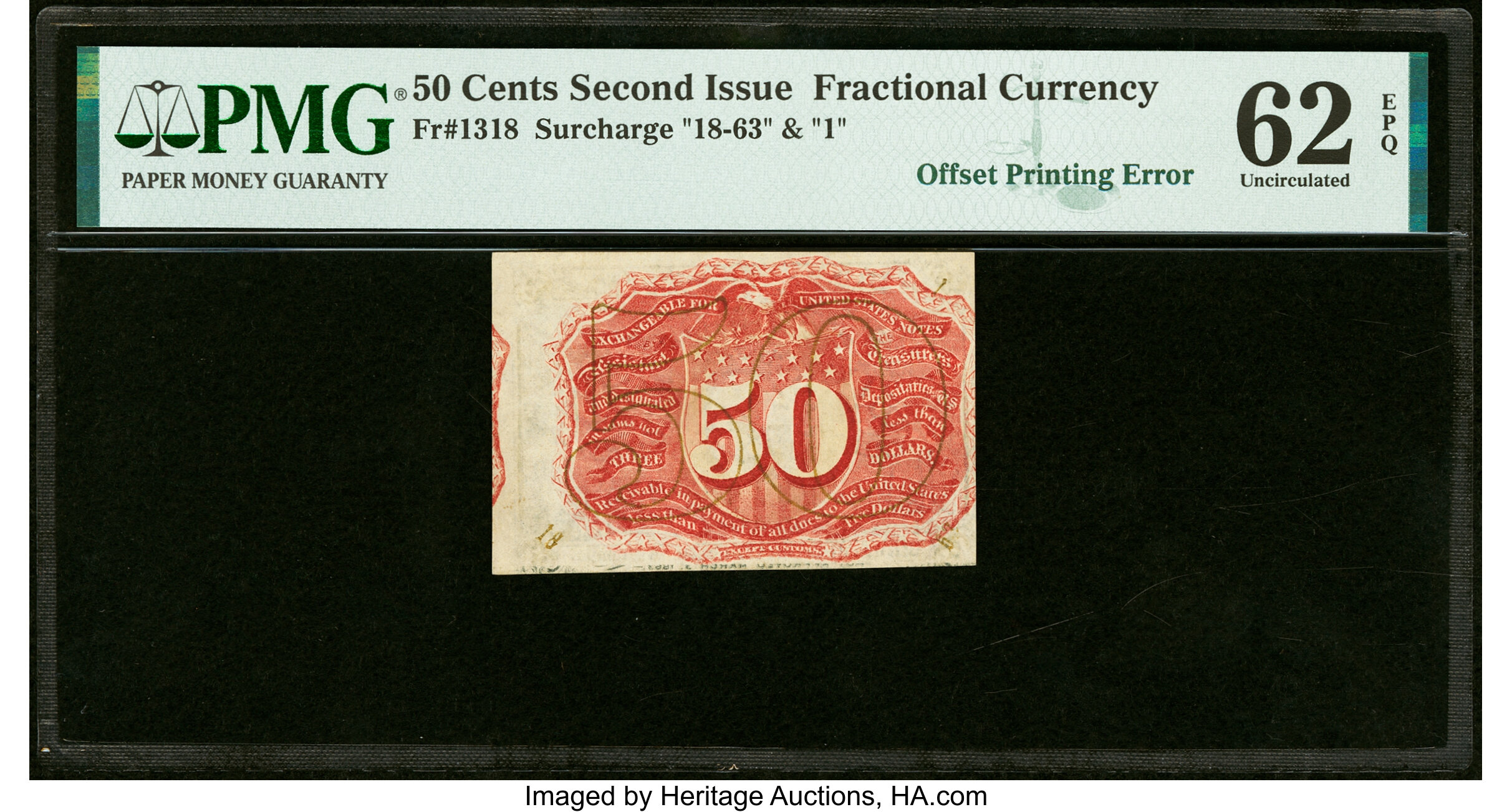 image for: Partial Face to Back Offset Error Fr. 1318 50¢ Second Issue PMG Uncirculated 62 EPQ....