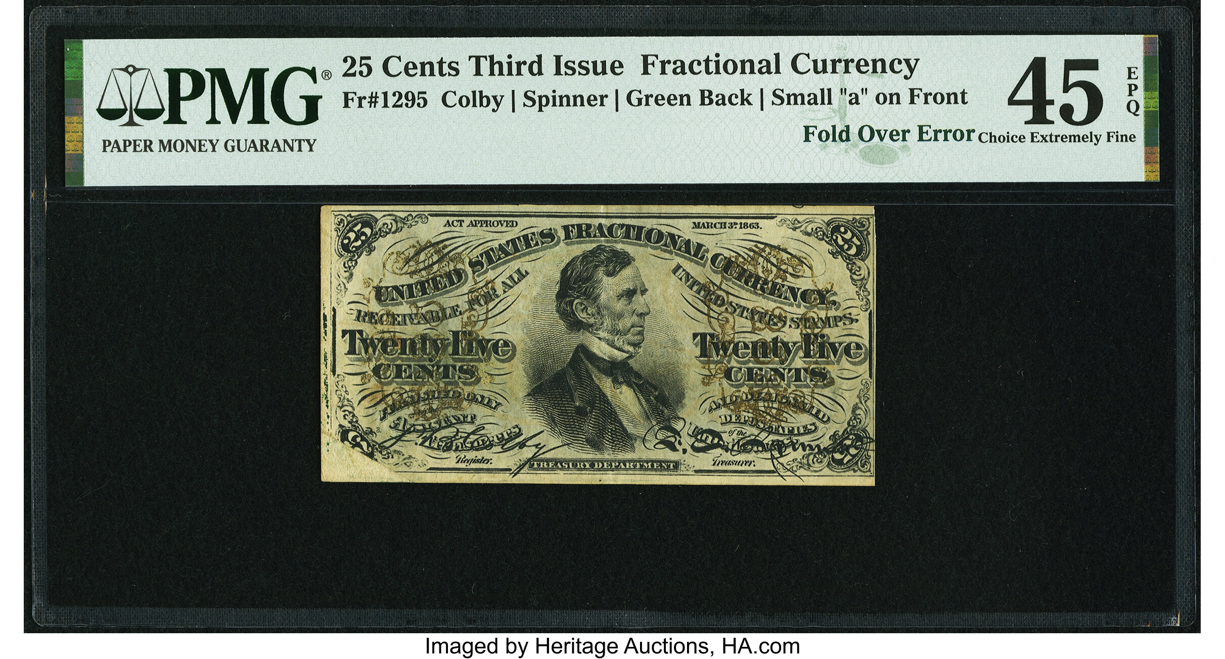 image for: Fold Over Error Fr. 1295 25¢ Third Issue PMG Choice Extremely Fine 45 EPQ....