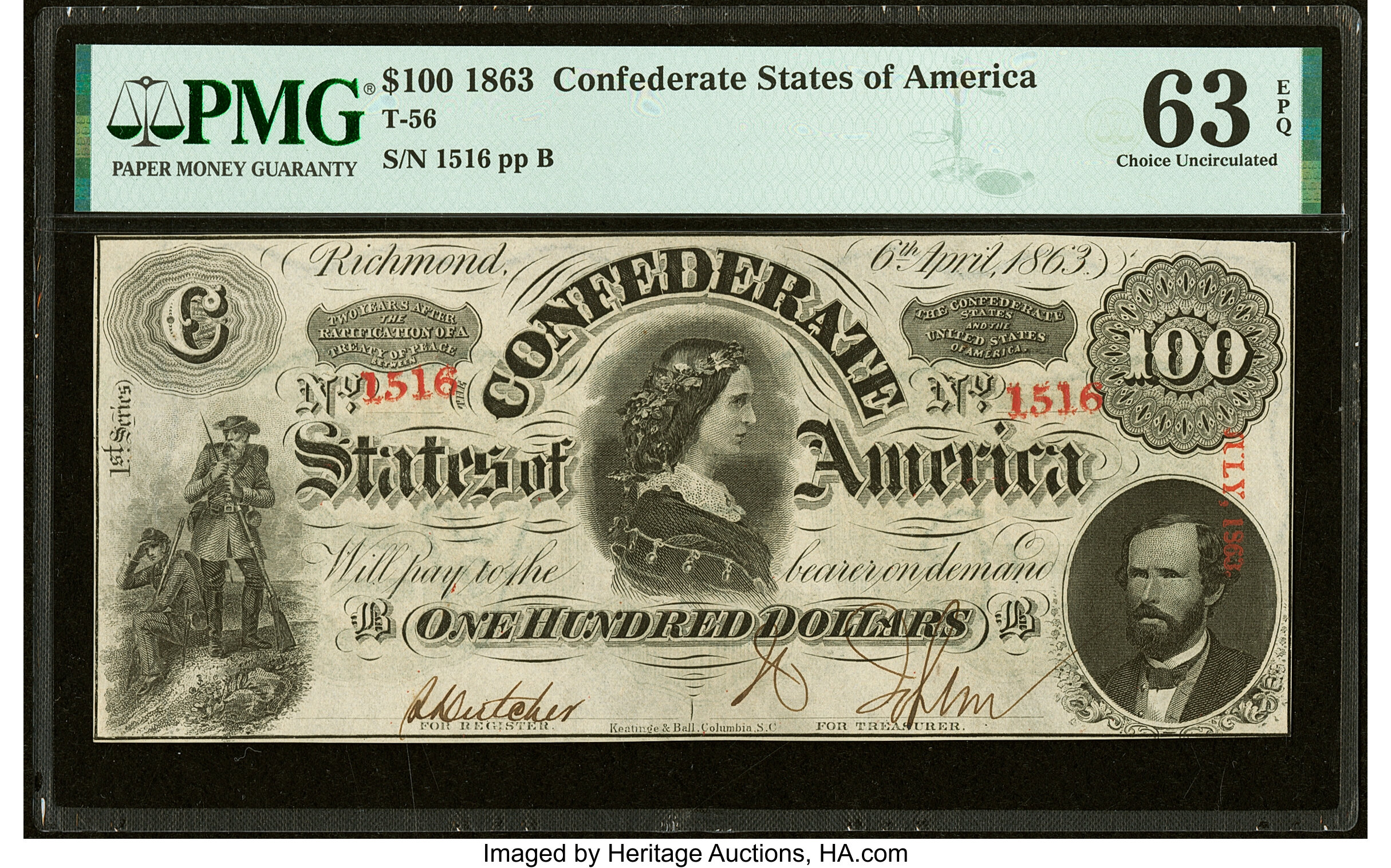 image for: T56 $100 1863 PF-1 Cr. 403 PMG Choice Uncirculated 63 EPQ....