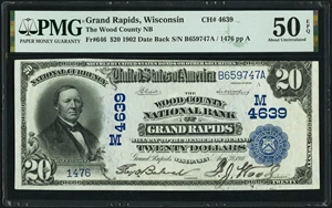 image for: Grand Rapids, WI - $20 1902 Date Back Fr. 646 The Wood County National Bank Ch. # (M)4639 PMG About Uncirculated 50 EPQ....